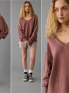 American Eagle Seriously Lived-In V-Neck Sweatshirt Dusty Rose Size Large